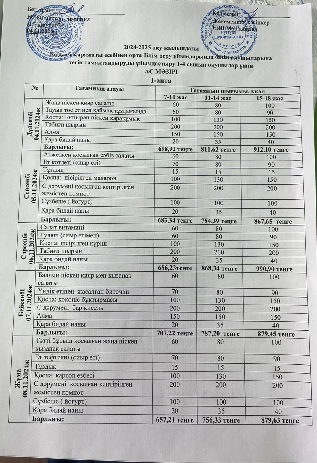 Меню по питанию І апта 1 күн - 04.11.2024ж