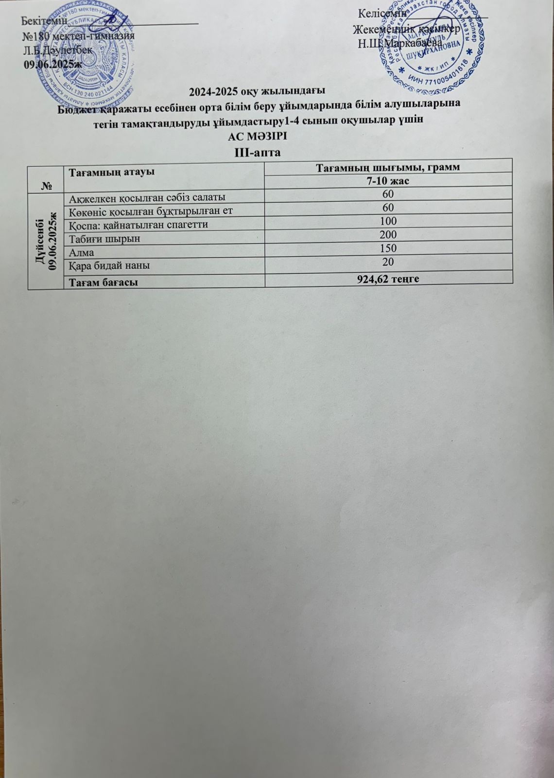 Ас мәзірі "Балдәурен" жазғы лагерь ІII апта 1 күн - 09.06.2025ж