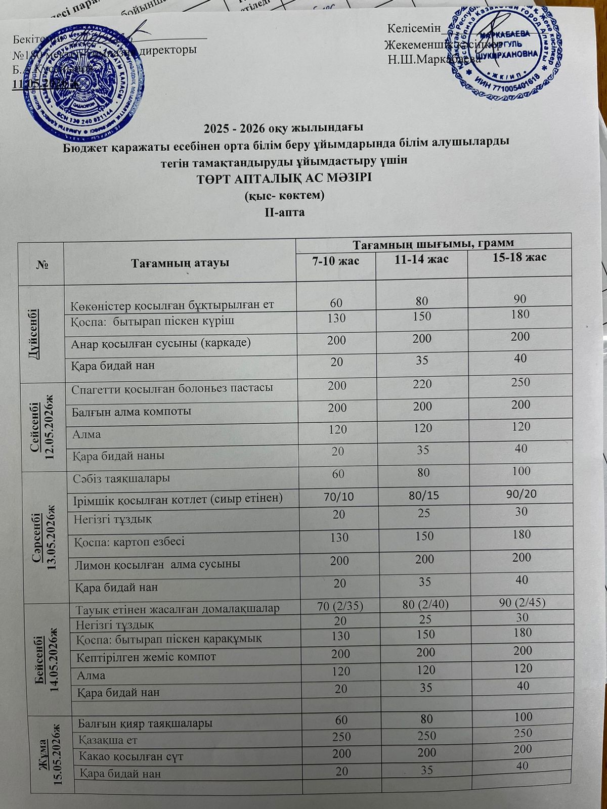 Ас мәзірі ІI апта 2 күн - 12.05.2026ж